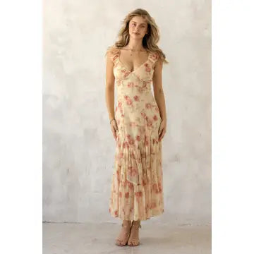 Raven yellow floral tiered midi dress styled, full length