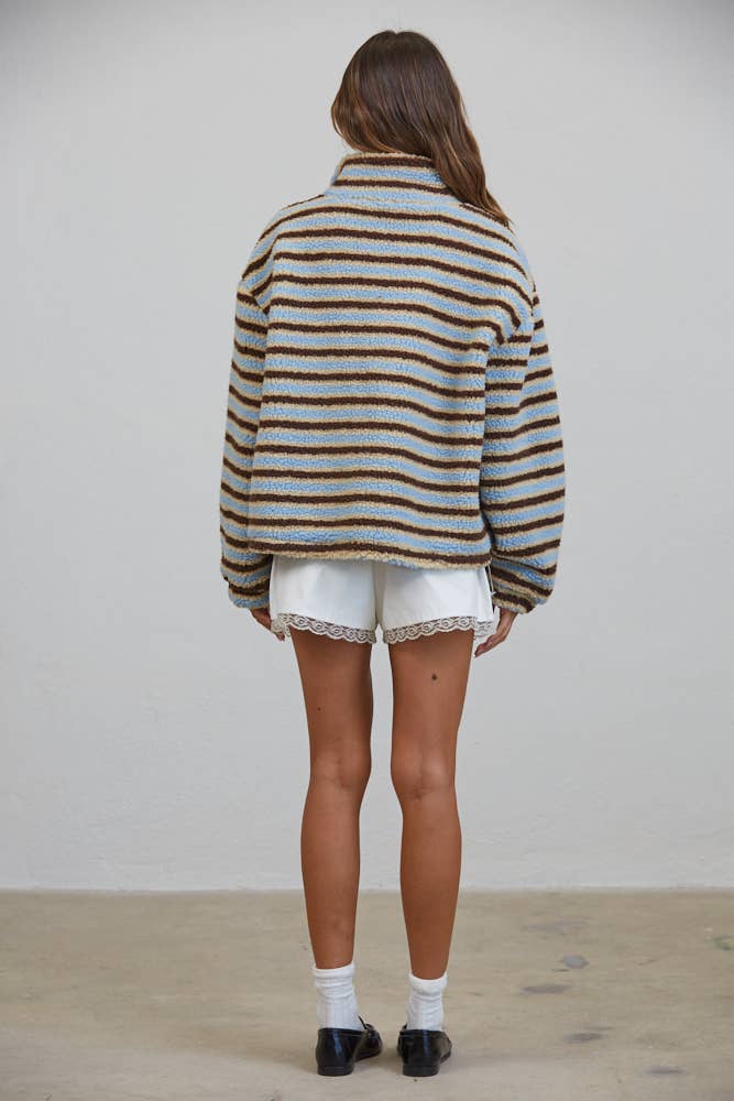 Creamon - T3535 Relaxed Sherpa Striped Half Zip Pullover: BLUE/BROWN / S-M-L (3-2-1)