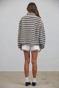 Creamon - T3535 Relaxed Sherpa Striped Half Zip Pullover: BLUE/BROWN / S-M-L (3-2-1)