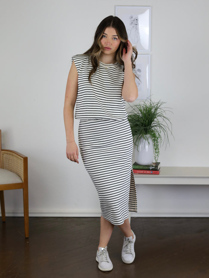 Staci Mid Length Striped Skirt W/Side Slit