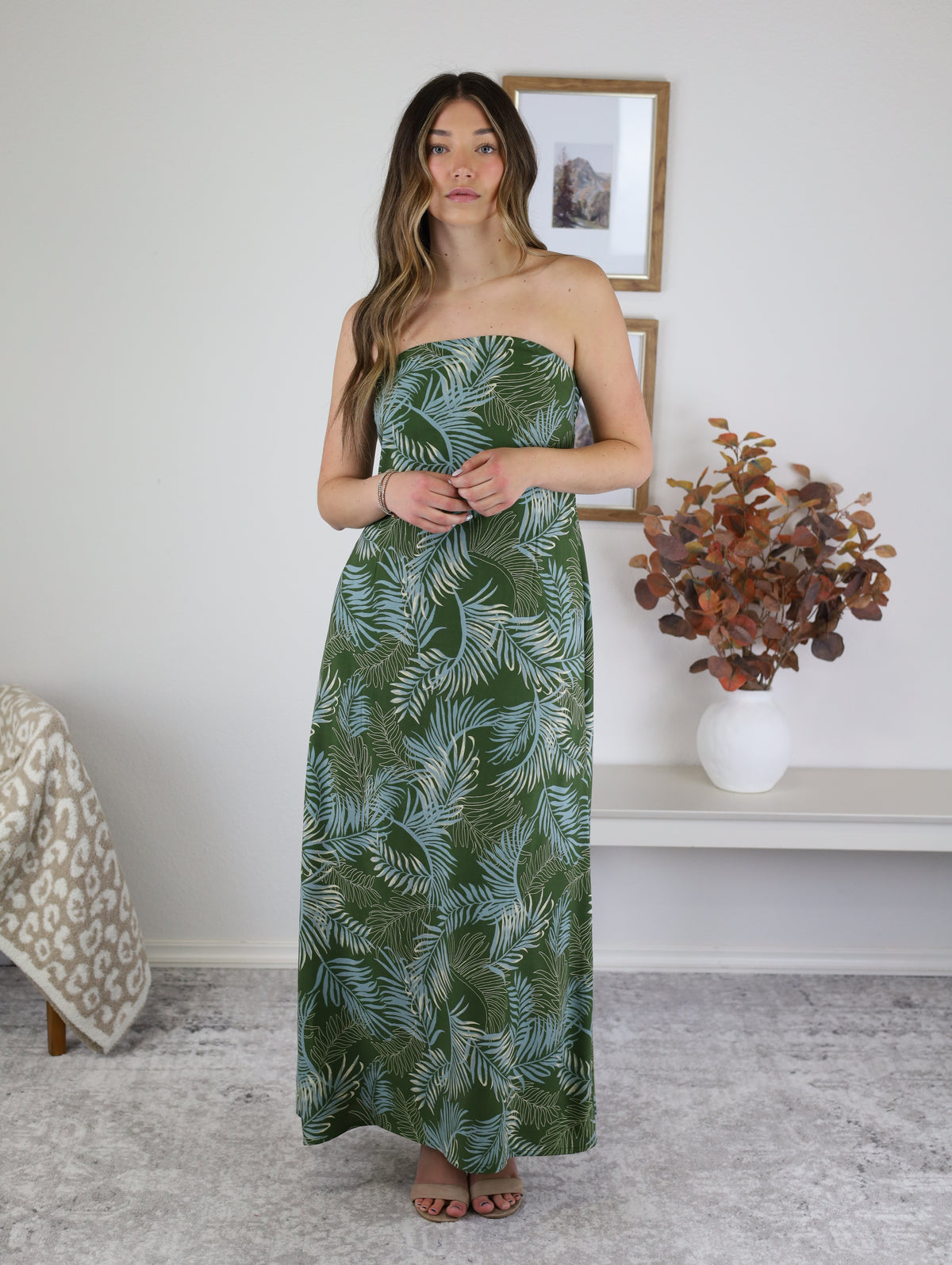 Callista Strapless Tropical Maxi Dress