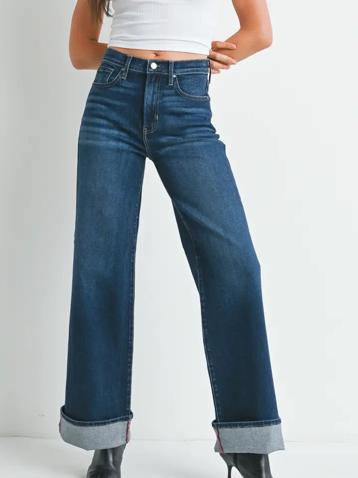 High Waist Cuffed Palazzo Jean - Dark Wash