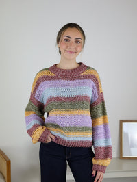 A person wearing the Reign Striped Knit Sweater, a cozy, multi-color pullover with horizontal bands of mauve, yellow, blue, and olive green.