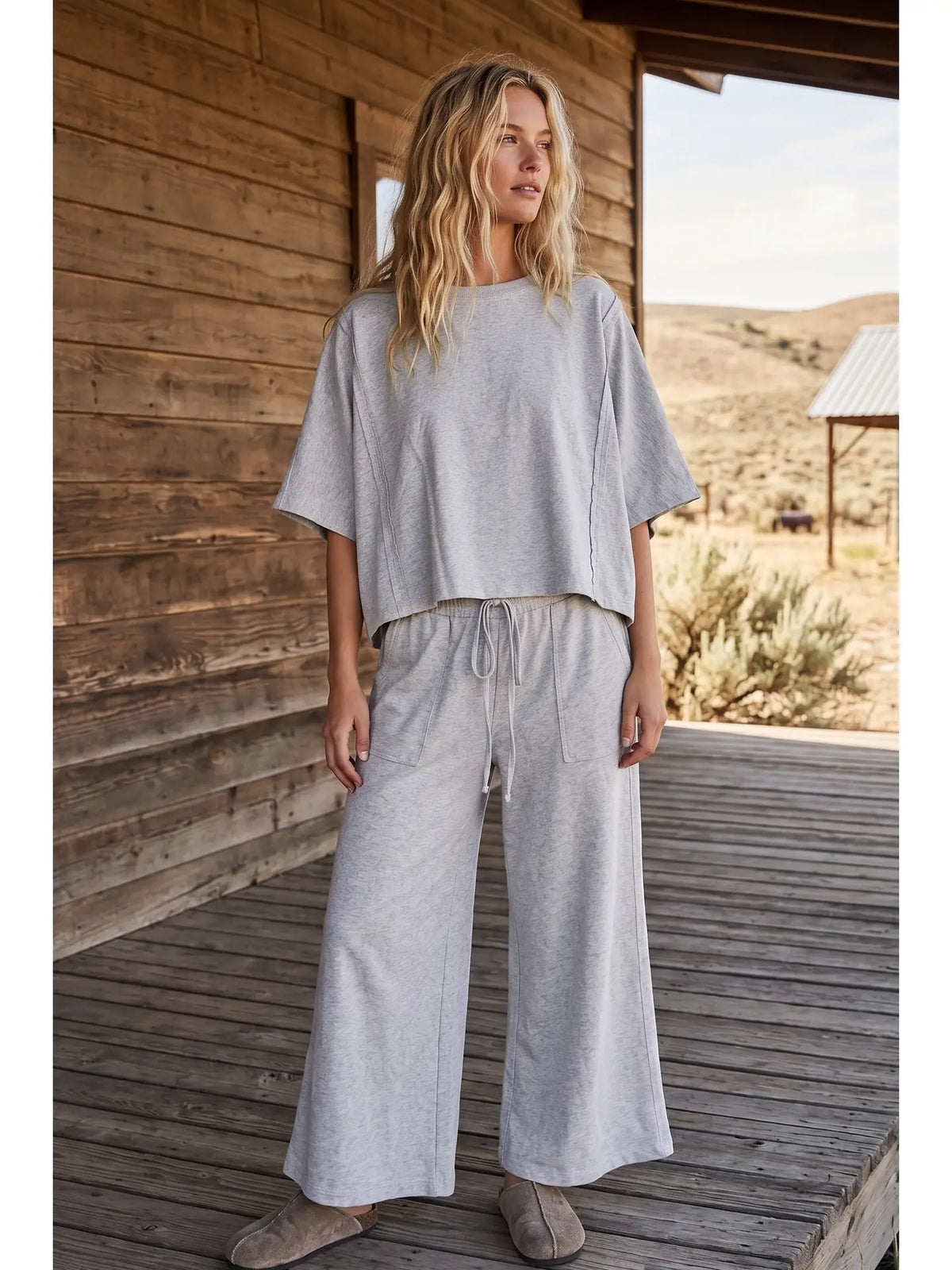Heather Brushed Stretch Boxy Top and Wide Leg Pant Set in grey, styled full outfit