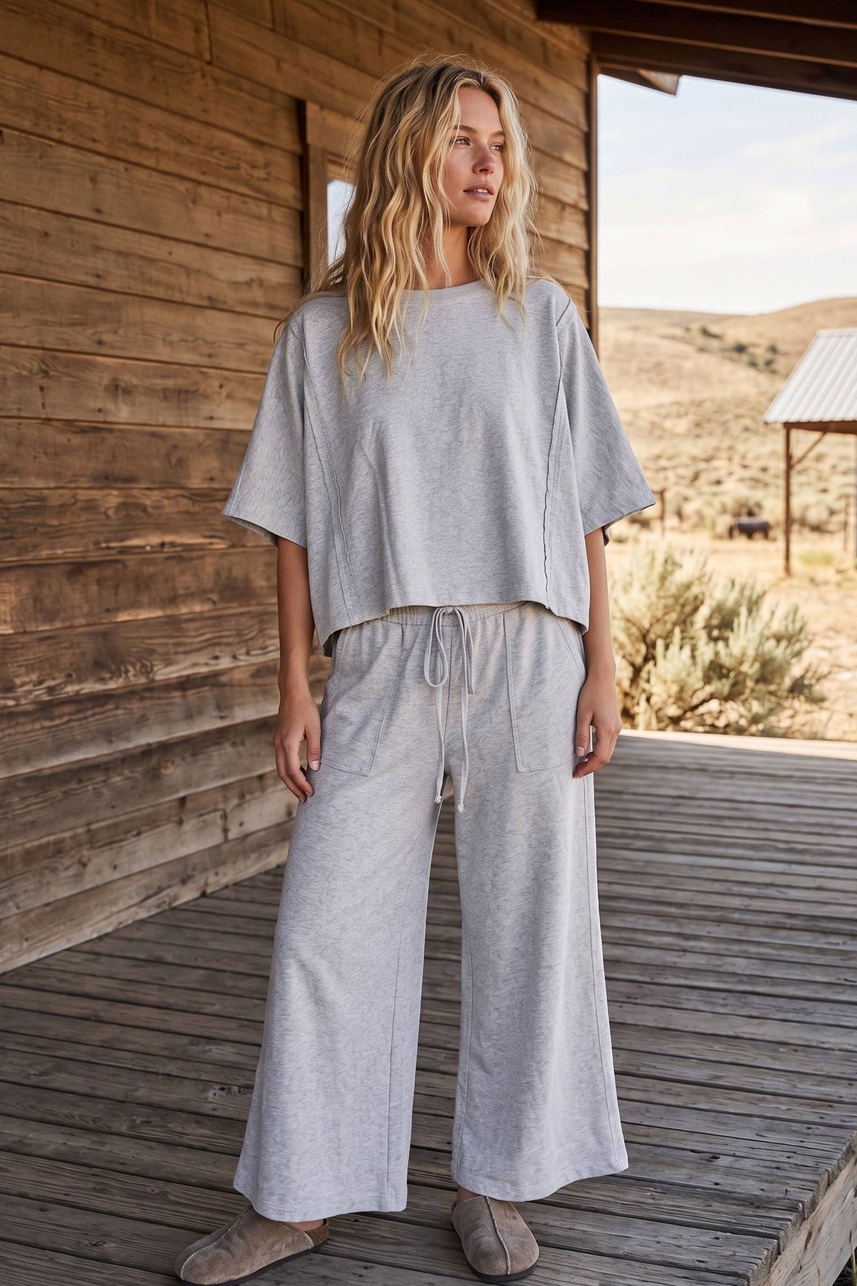 Sewn and Seen - Brushed Stretch Boxy Top & Wide Leg Pant Set: BURGUNDY / L