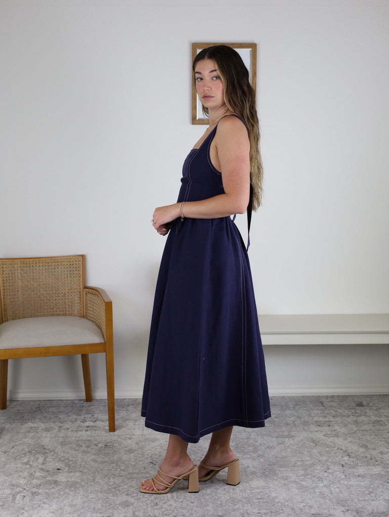 Bethany Linen Contrast Stitch Midi Dress