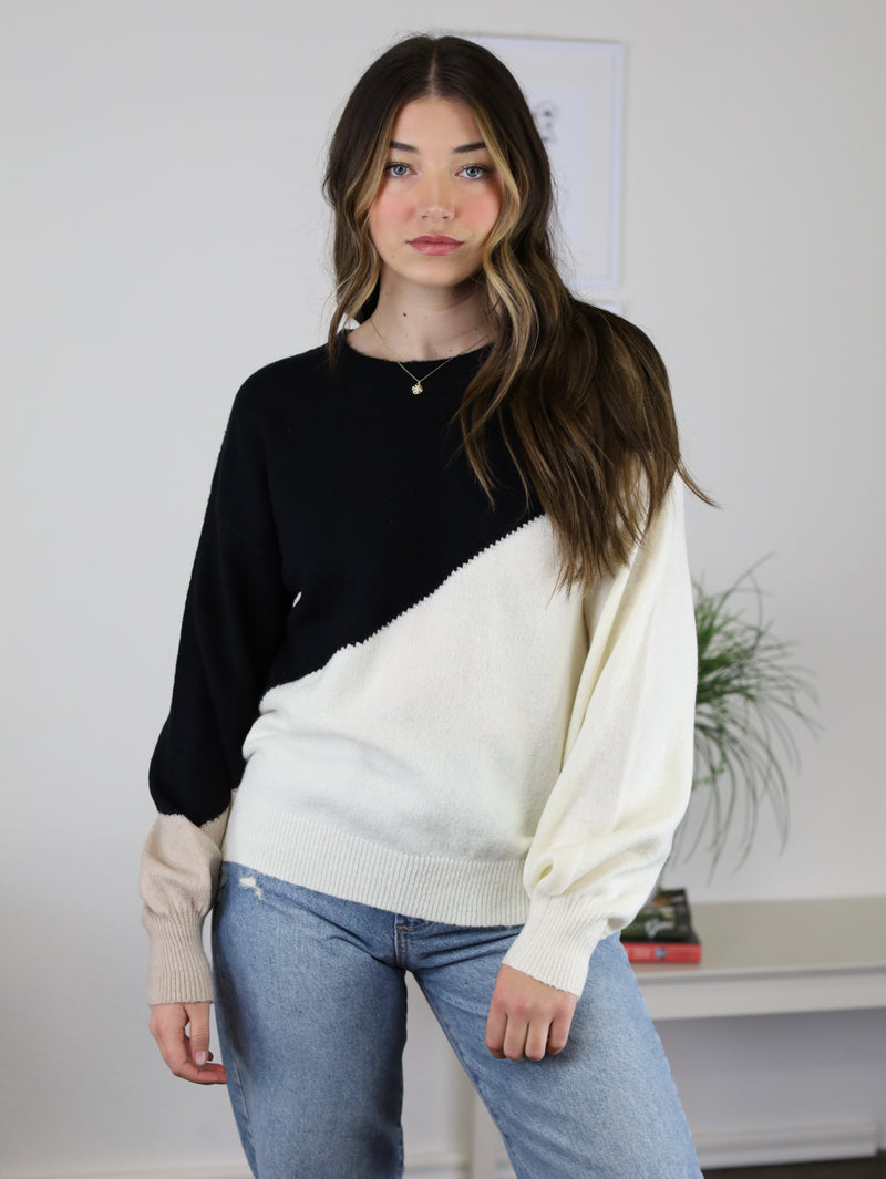 Maeve Asymmetrical Colorblock Sweater - Black