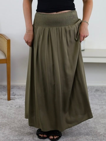 Marty Smocked Waist Midi Skirt - Moss
