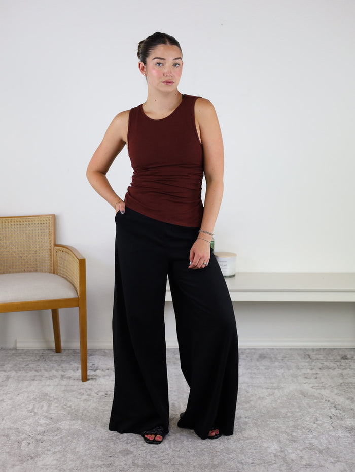 Trixi Ruched Ribbed Knit Slit Tank