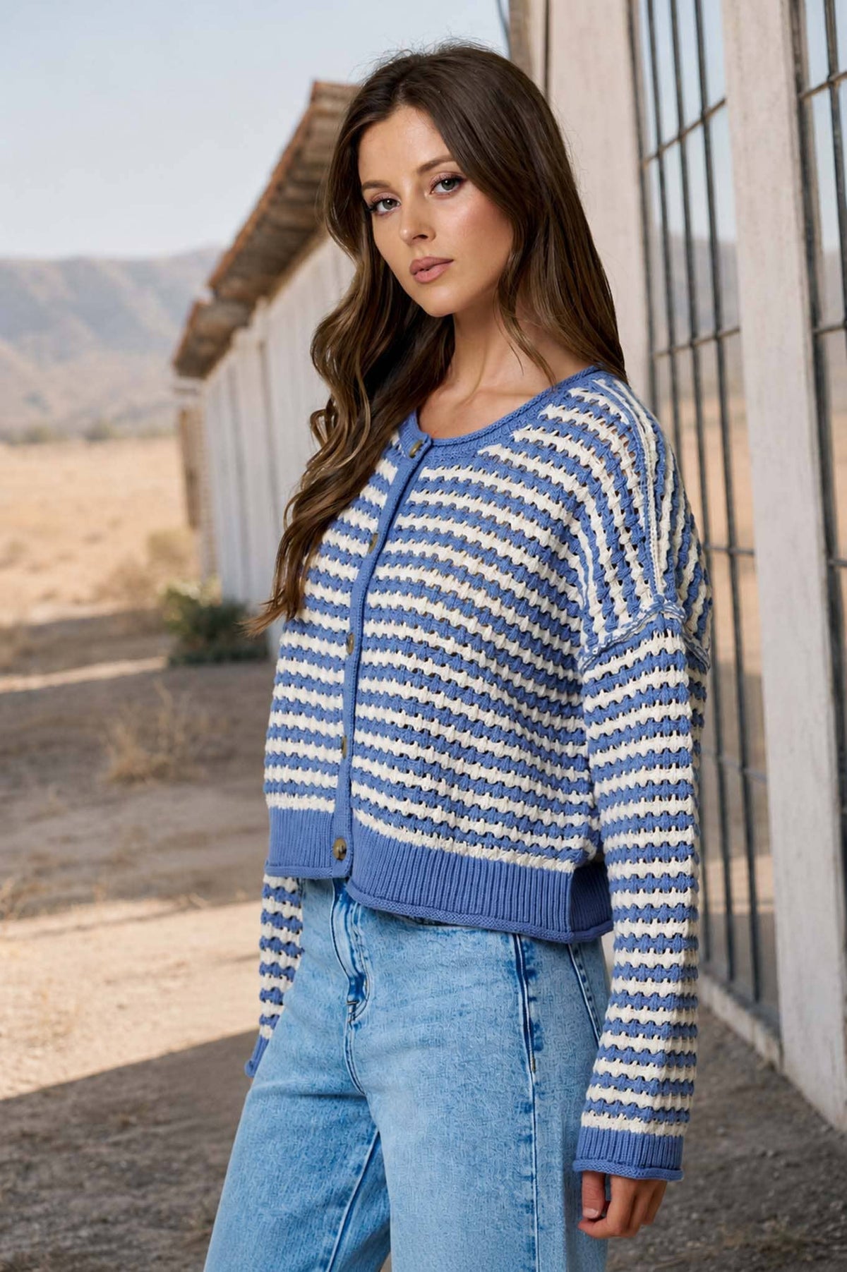 Close-up of raw edge trim on Bellamy crochet cardigan