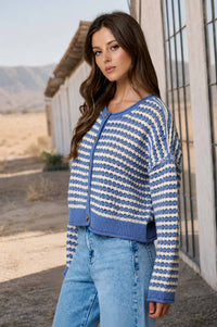 Close-up of raw edge trim on Bellamy crochet cardigan