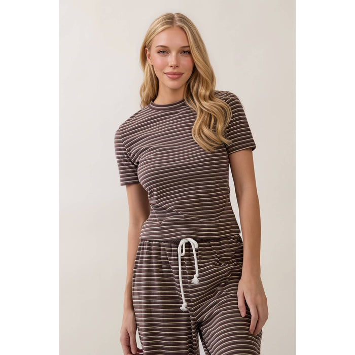 Randi Everyday Striped Lounge Set in mocha brown - front view of matching tee and pants
