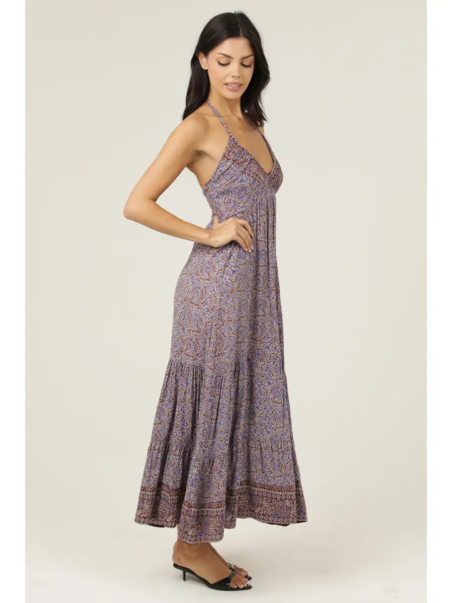 Aaliyah brown printed rayon halter maxi dress