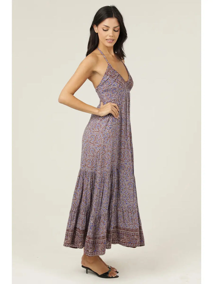 Aaliyah brown printed rayon halter maxi dress