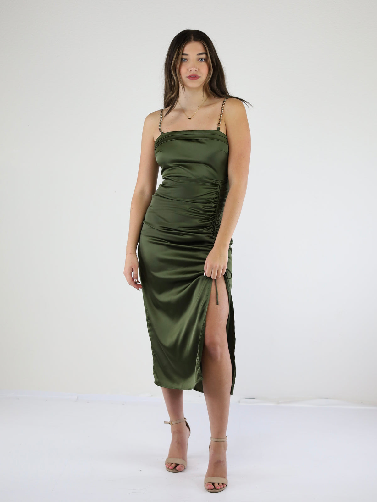 Mimi Midi Stain Dress with Chain Adjustable Straps-Olive