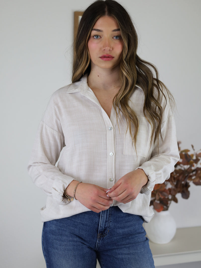 Harvey Stripe Button Up - Taupe