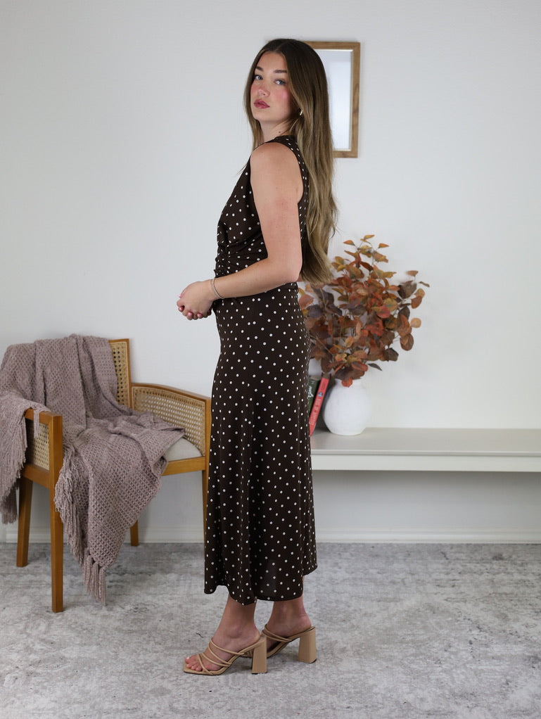 Asher Side Gather Polka Dot Midi Dress