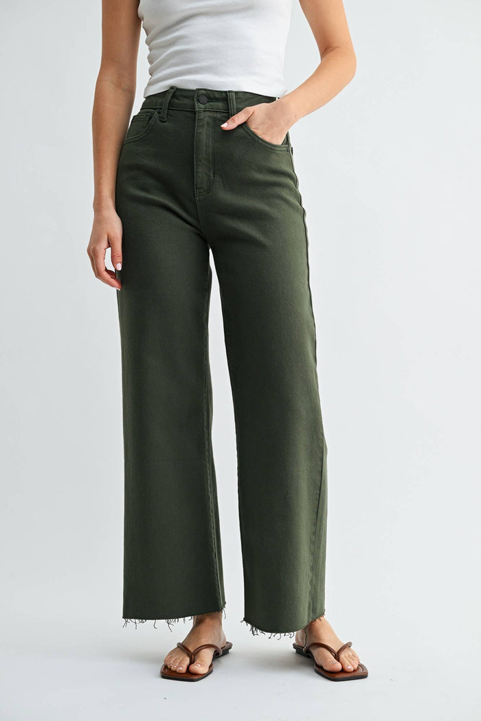 Anita Scissor Cut Wide Leg Jean in dark olive, front view, relaxed wide-leg fit