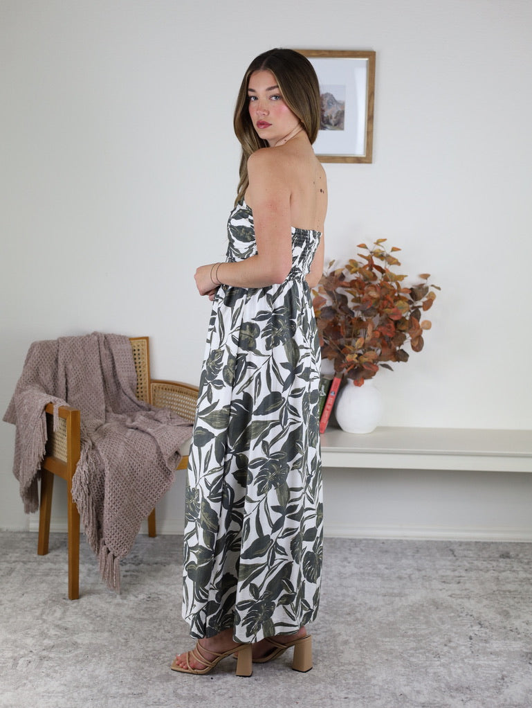 Leaf Print Strapless Maxi Dress