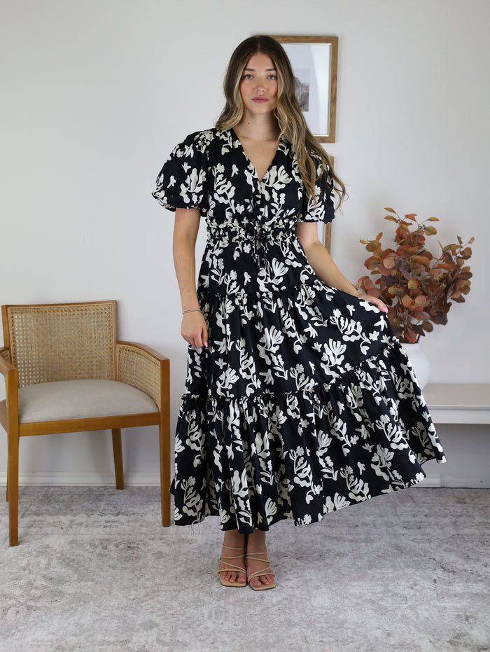 Moss Floral Print Puff Sleeve Midi Dress