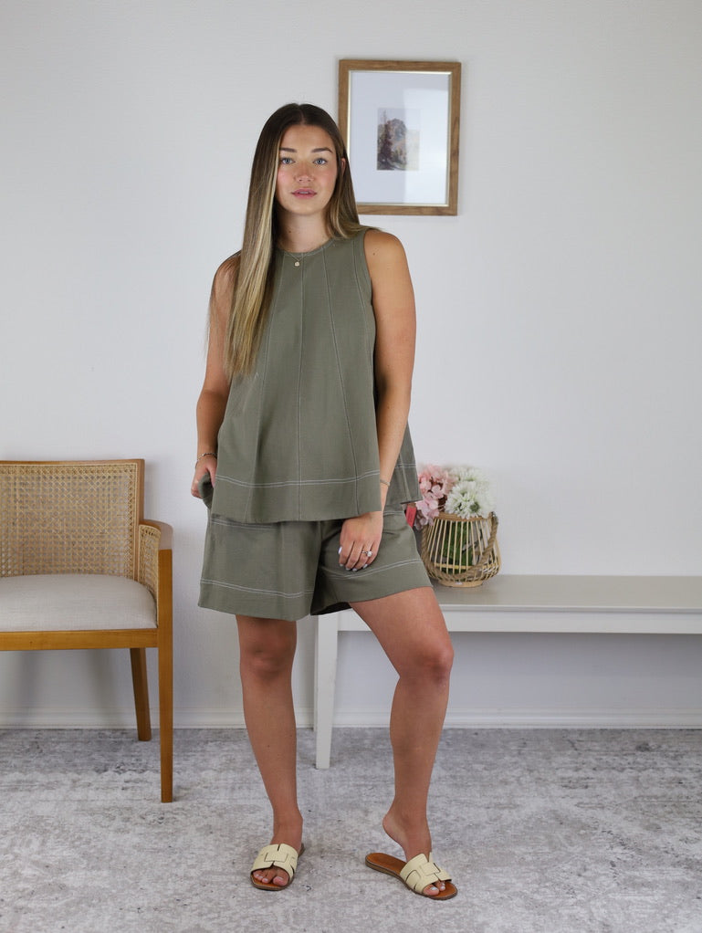 Kitty Contrast Stitching Top - Olive