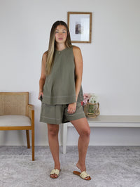 Kitty Contrast Stitching Top - Olive