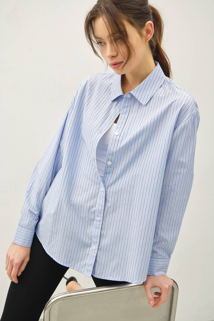 Be Cool - PIN STRIPE BOXY FIT SHIRT: Blue / L