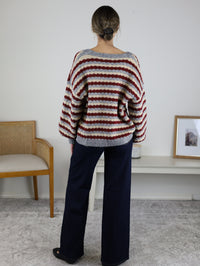 A person viewed from behind wearing a maroon, cream, and grey Grayson Relaxed Stripe V-Neck Button Cardigan paired with dark wide-leg jeans.