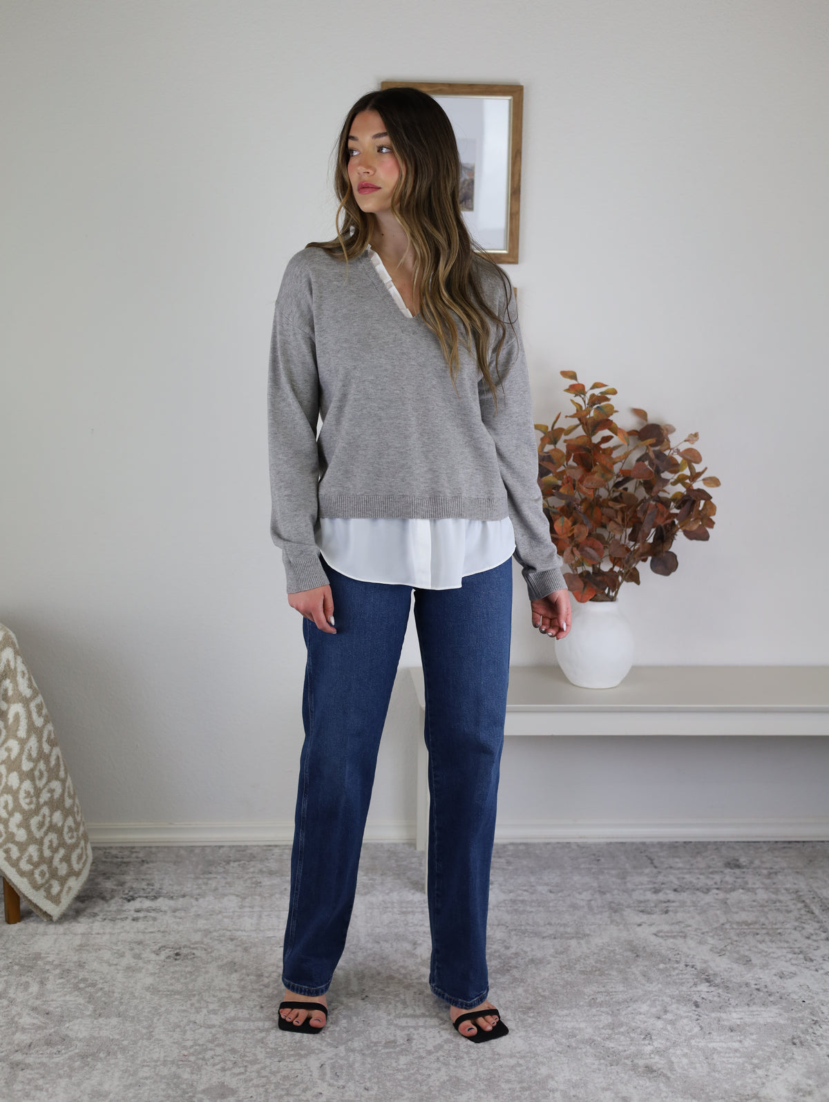 Mani V Neck Combo Sweater - Grey