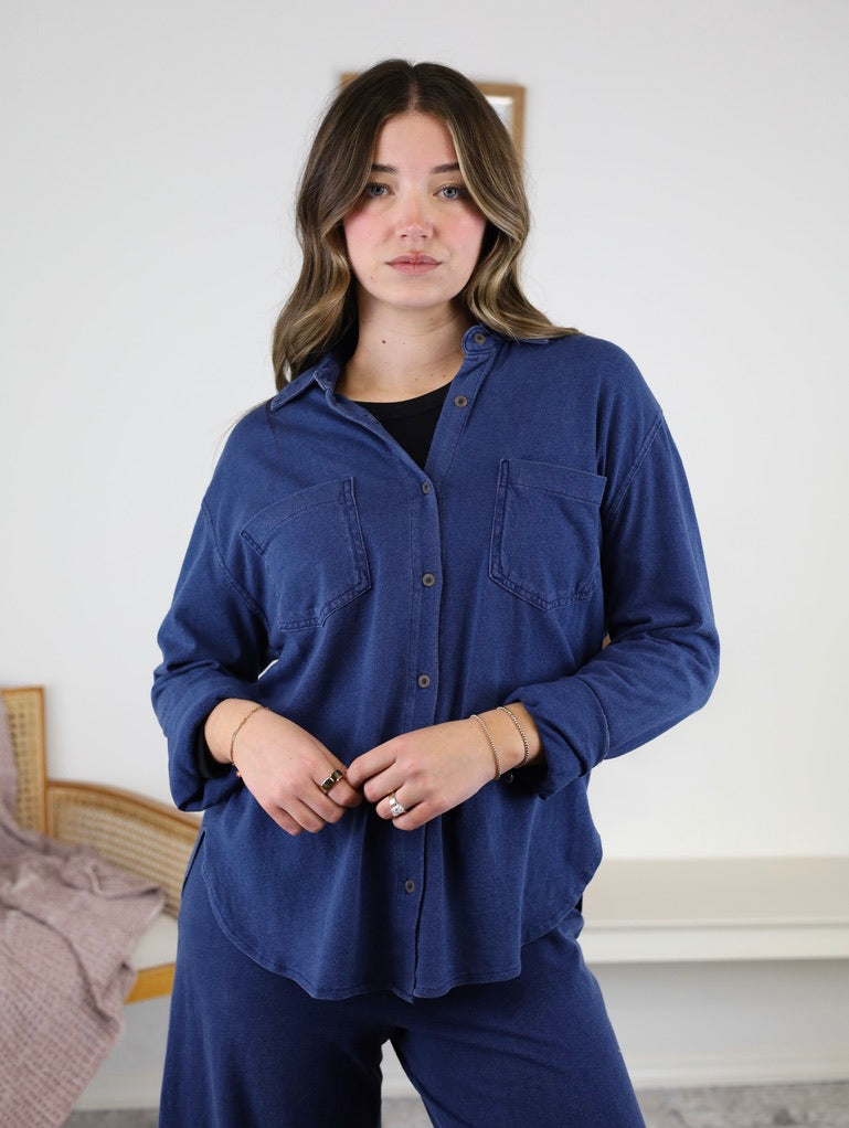 Reese Jersey Denim Button Up