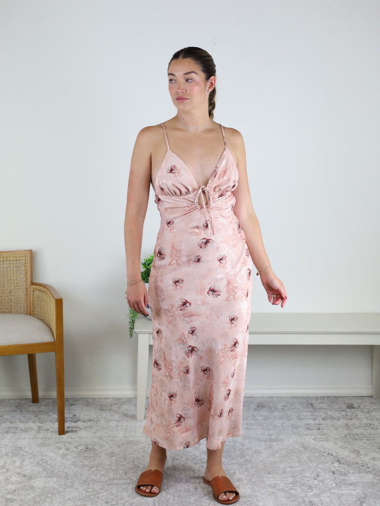 Betty Satin Floral Tie Front Midi Dress