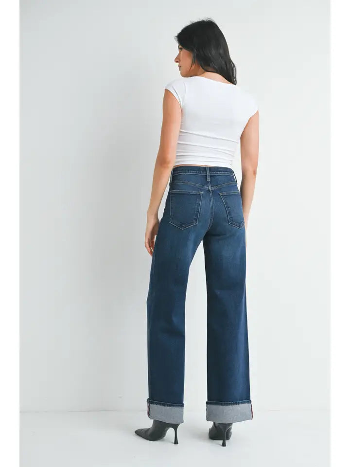 High Waist Cuffed Palazzo Jean - Dark Wash