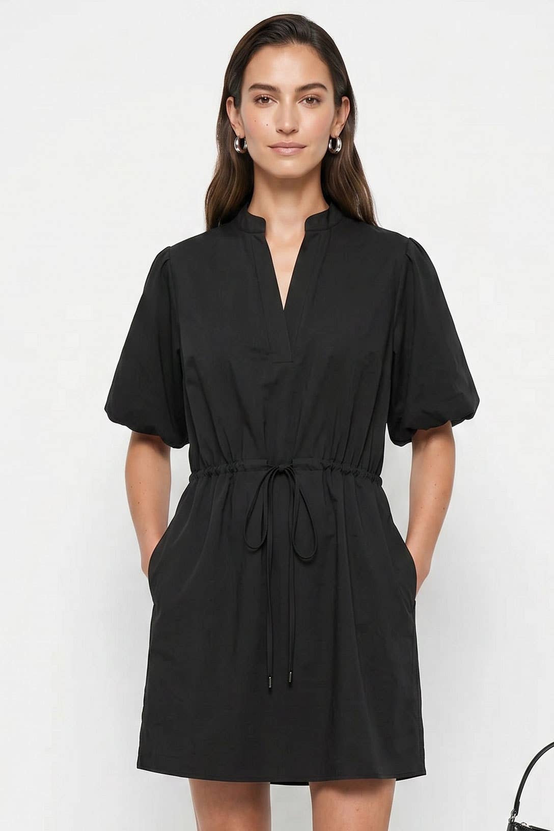 A navy Naked Zebra - Puff Sleeve Cinched Waist Mini Dress: Navy / L featuring puff sleeves, a mandarin collar, and a cinched waist with a drawstring detail.