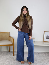 Sarper brown mock neck top with attached gold buckle belt - Glitz Fine Clothing Turlock CA