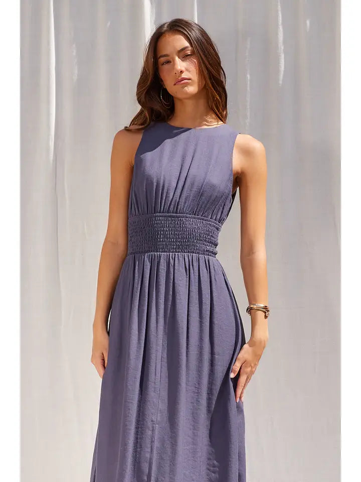 Blue boat neck midi dress with smocked waist and pockets