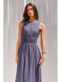 Blue boat neck midi dress with smocked waist and pockets