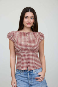 Ainsley Plaid Button Front Top in burgundy plaid, contoured waist and puff sleeves