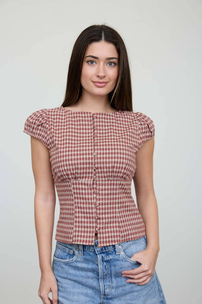 Ainsley Plaid Button Front Top in burgundy plaid, contoured waist and puff sleeves