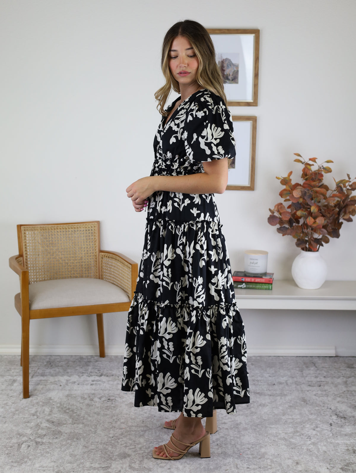 Moss Floral Print Puff Sleeve Midi Dress