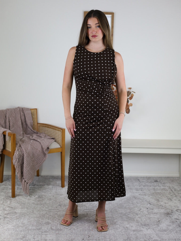 Asher Side Gather Polka Dot Midi Dress