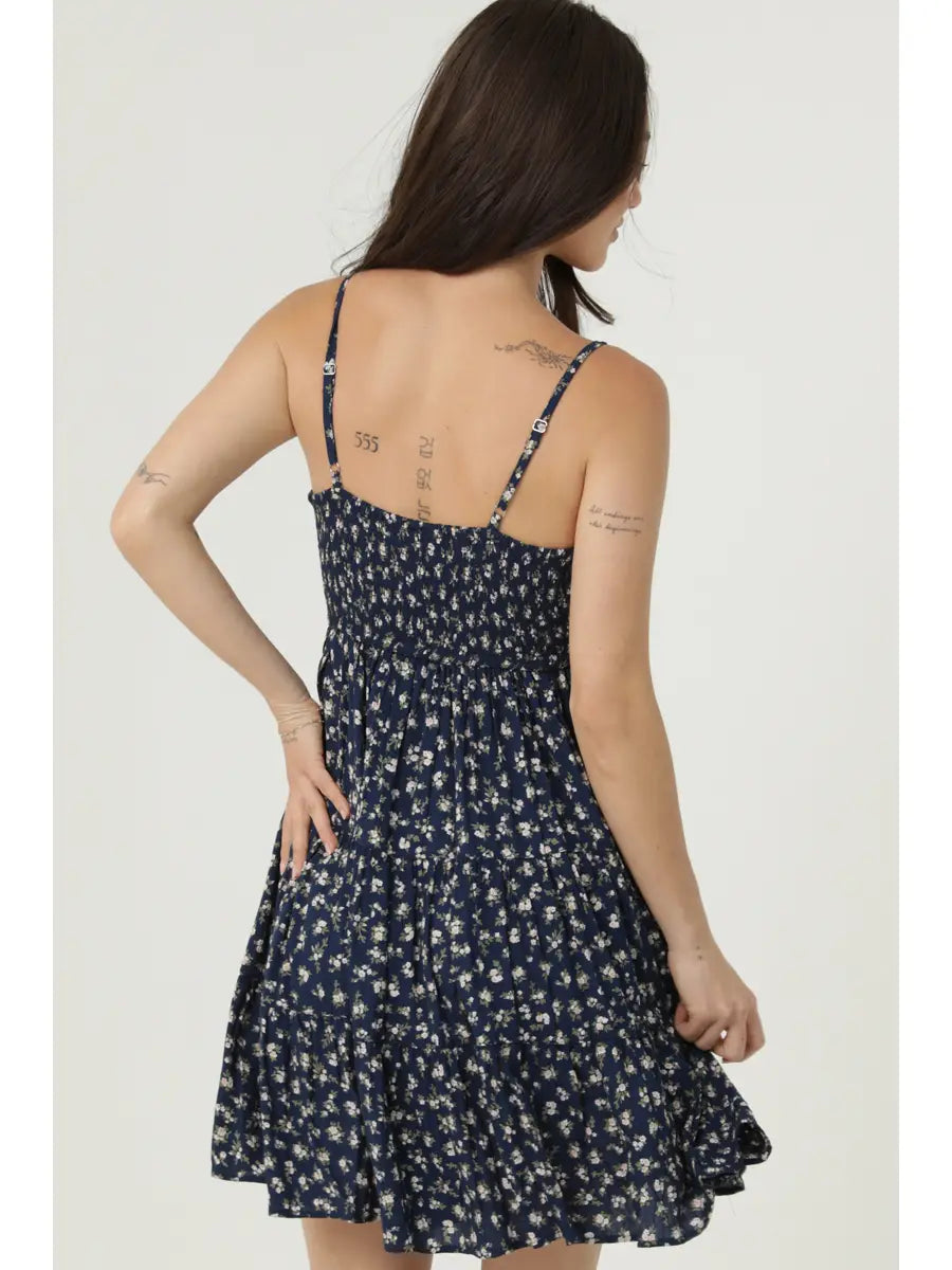 Natalie navy ditsy floral sundress styled, side view
