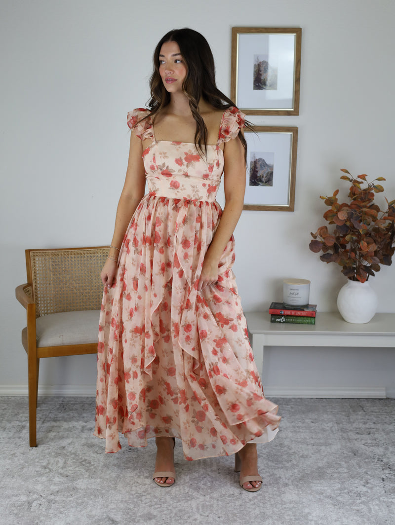 Blushing Rose Print Midi Dress