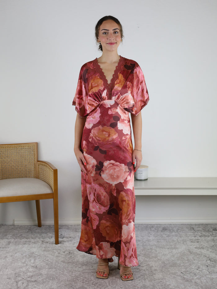 Blythe Floral Lace Trim Blouson Maxi Dress front view showing blouson bodice and floral print satin fabric