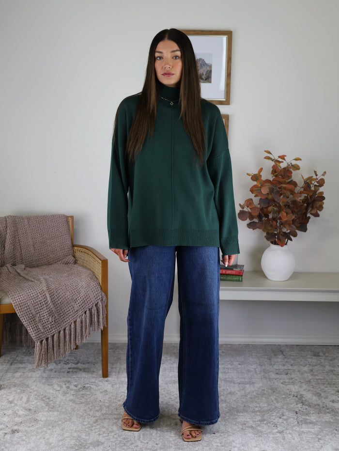 Molly Front Seam Mock Neck Sweater -Green