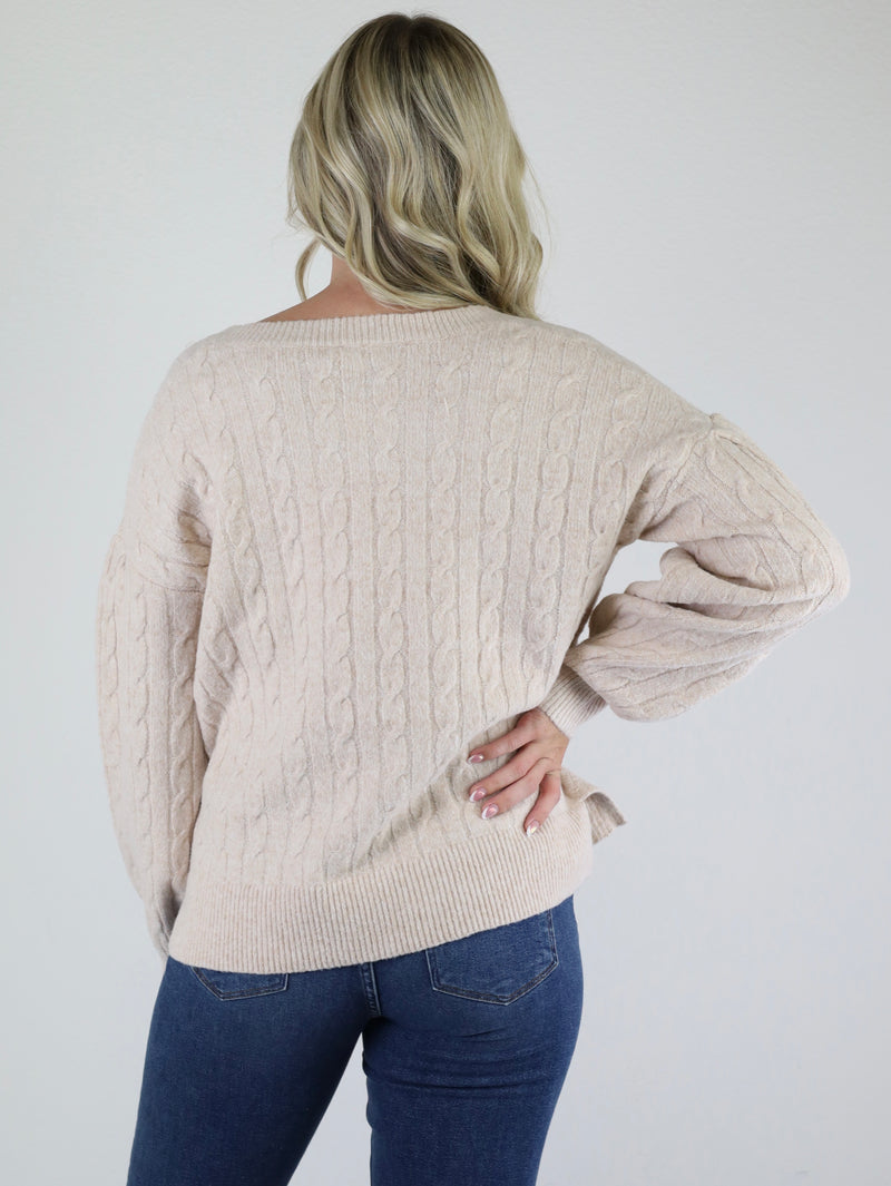 Sessily Lantern Sleeve Cable Sweater