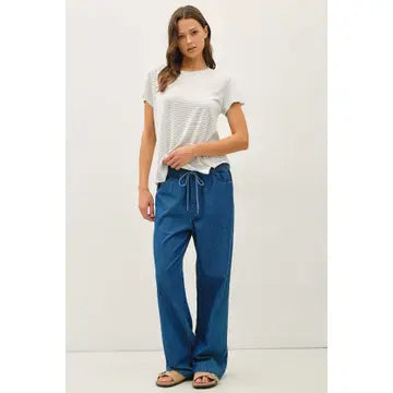 Soft garment-dyed wide leg denim pants with drawstring elastic waist