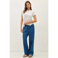 Soft garment-dyed wide leg denim pants with drawstring elastic waist