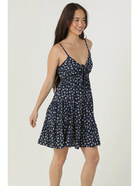 Navy ditsy floral A-line sundress on model