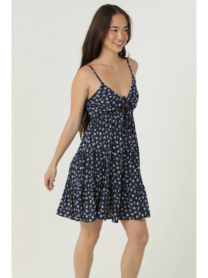Navy ditsy floral A-line sundress on model