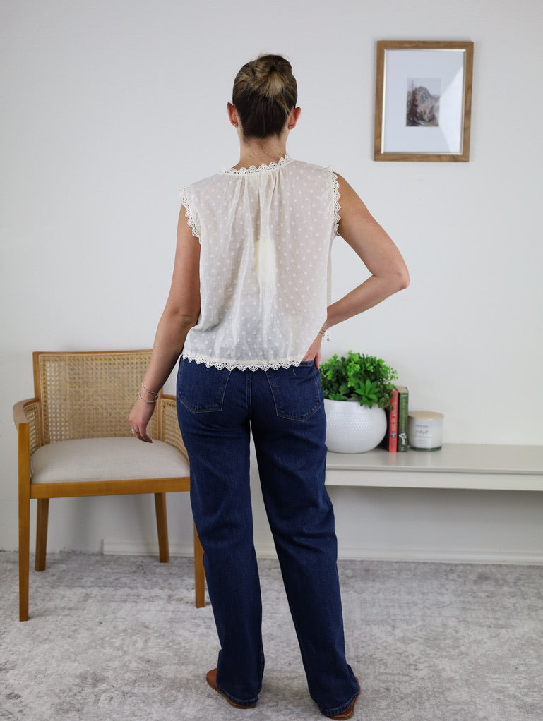 Greta Lace Edge Sleeveless Swiss Dot Top